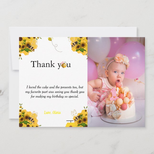 Yellow bumble bee  birthday thank you card (Front)