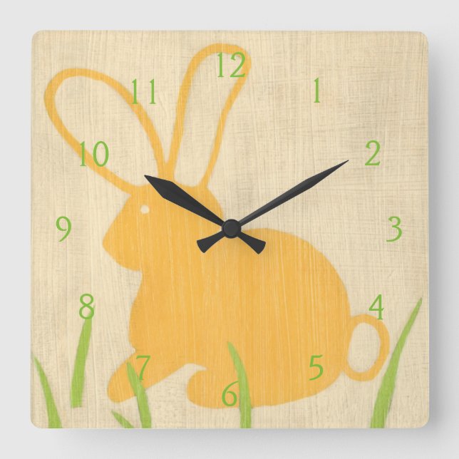 Yellow Bunny and Green Grass by Chariklia Zarris Square Wall Clock (Front)