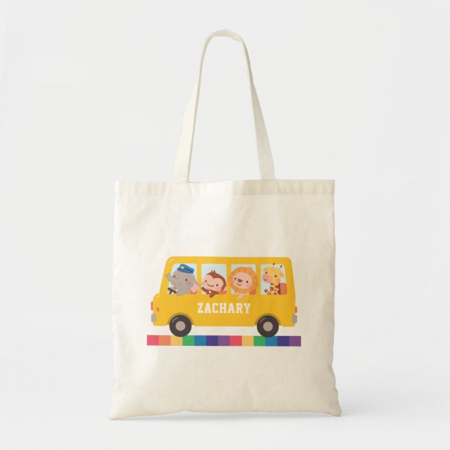 Yellow Bus And Cute Animals Kids Personalised Tote Bag (Front)