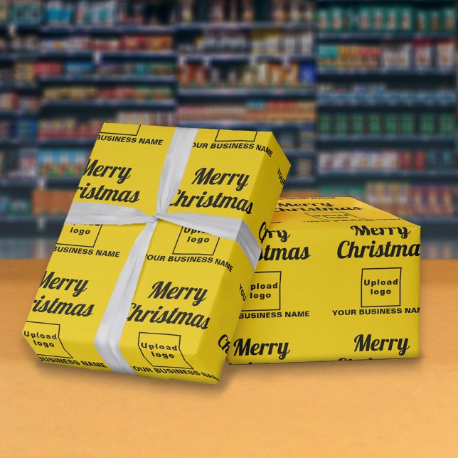 Yellow | Business | Christmas Wrapping Paper (Business name and logo with Merry Christmas greeting on yellow wrapping paper)