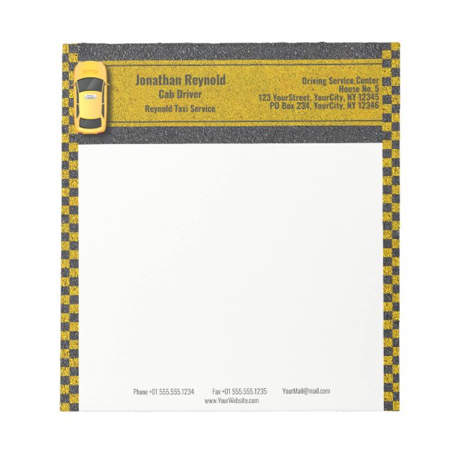 Yellow Business Taxi Cab Driver Service Notepad (Front)