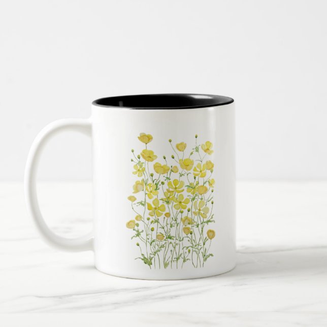 yellow buttercup flowers field watercolor Two-Tone coffee mug (Left)