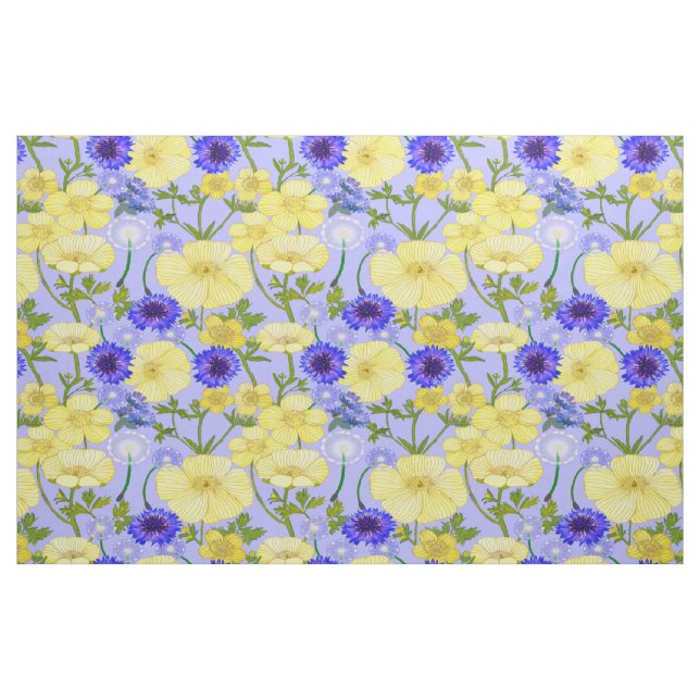 Yellow Buttercups And Blue Cornflowers Floral Fabric (Fat Quarter)