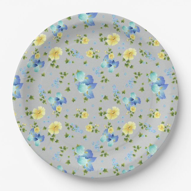 Yellow Buttercups and Blue Iris Paper Plate (Front)