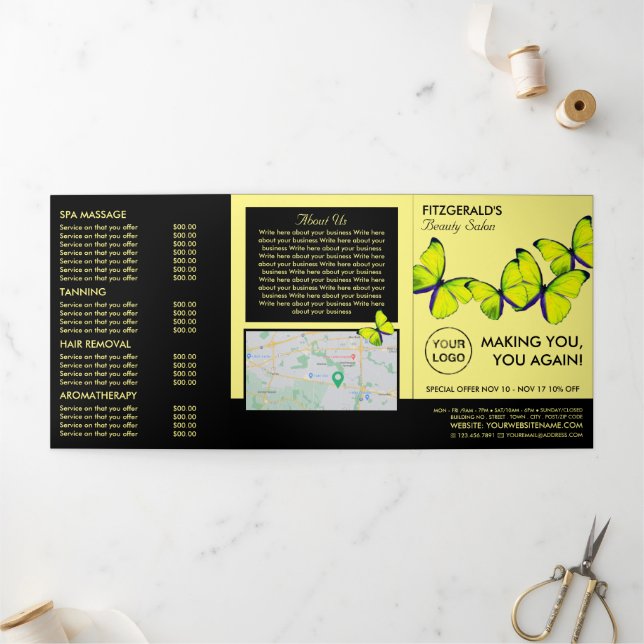 Yellow Butterflies, Beauty Salon Tri-Fold Flyer (Outside)