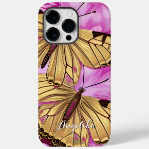 Yellow Butterflies, Pink Flowers Personalised Name Case-Mate iPhone 14 Pro Max Case