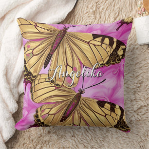 Yellow Butterflies, Pink Flowers Personalised Name Cushion