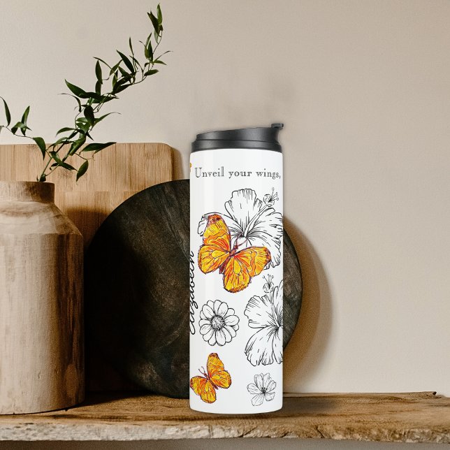 Yellow Butterfly And Black & White Flowers Quote Thermal Tumbler (Creator Uploaded)