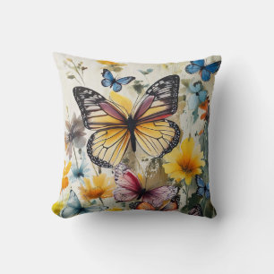 Yellow Butterfly and Flowers Cushion