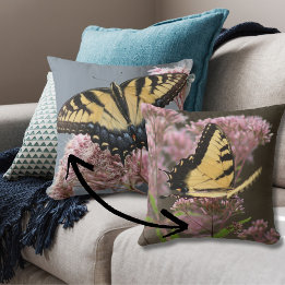 Yellow Butterfly and Pink Flower Nature Photo Cushion