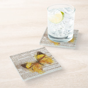 Yellow Butterfly Collage Glass Coaster