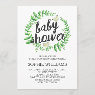 Yellow Butterfly Green Wreath Baby Shower Invitation
