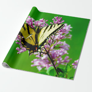 YELLOW BUTTERFLY ON PINK FLOWERS WRAPPING PAPER