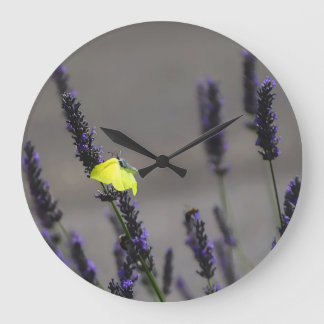 Yellow Butterfly on Purple Lavender Macro Photo Large Clock