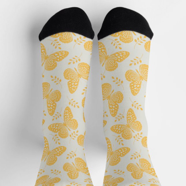 Yellow butterfly pattern on grey background socks (Top)