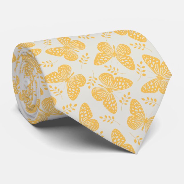Yellow butterfly pattern on grey background tie (Rolled)
