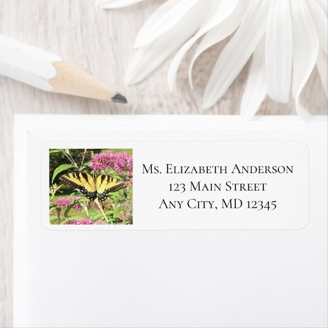 Yellow Butterfly Pink Flowers Return Address Label (Insitu)