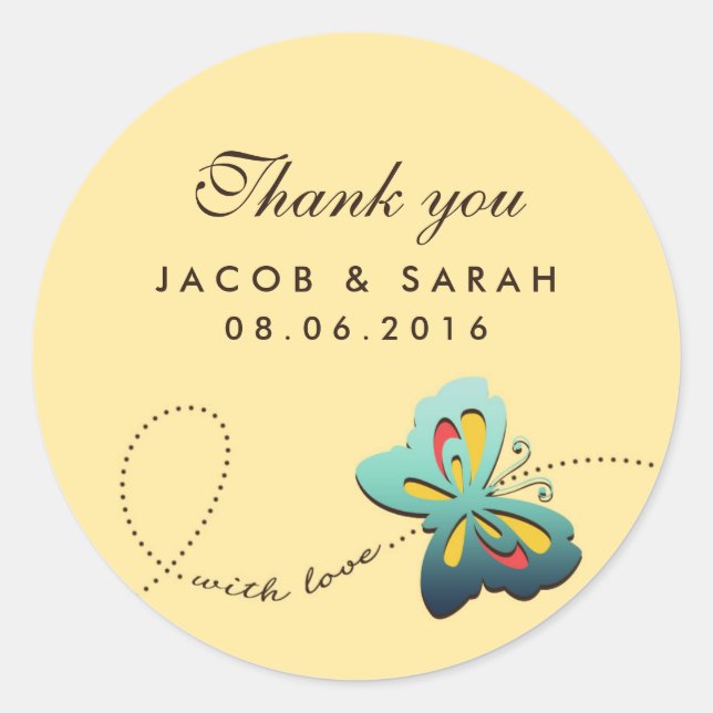 Yellow Butterfly Swirls Wedding Thank You Sticker (Front)