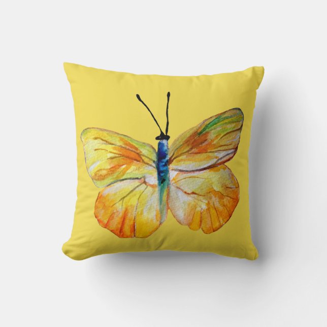 Yellow Butterfly Watercolor drawing Cushion (Front)
