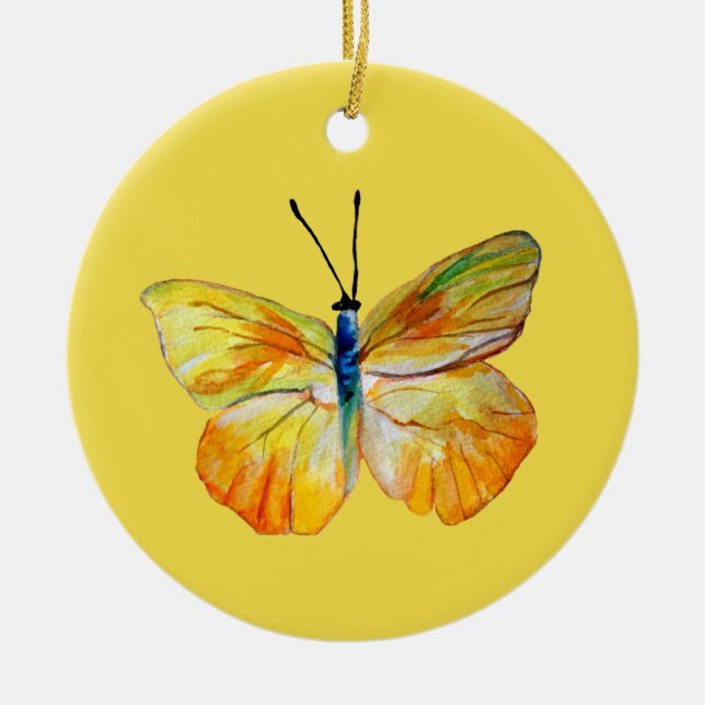 Yellow Butterfly Watercolor drawingCircle Ornament (Front)