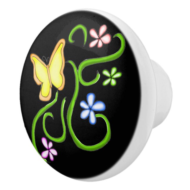 Yellow Butterfly with Spring Flowers Ceramic Knob (Right)