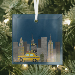 Yellow Cab in the City Customisable  Glass Tree Decoration