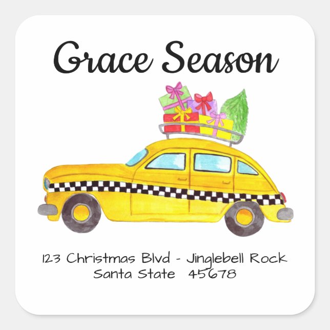 Yellow Cab New York Taxi with Christmas Gifts Square Sticker (Front)