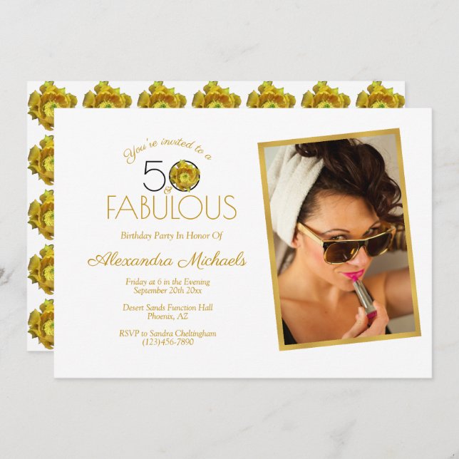 Yellow Cactus Flower Black & Gold 50 & Fabulous Invitation (Front/Back)