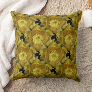 Yellow Cactus Flower Repeating Pattern on Black 1 Cushion