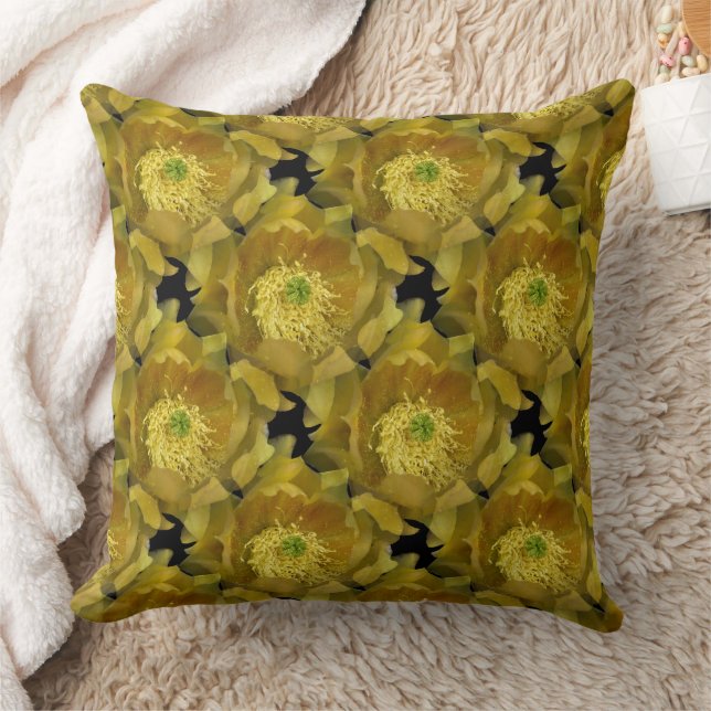 Yellow Cactus Flower Repeating Pattern on Black 1 Cushion (Blanket)