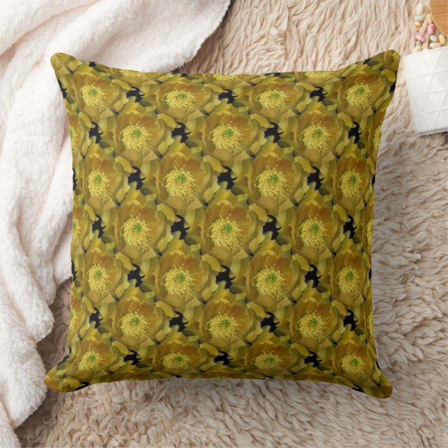 Yellow Cactus Flower Repeating Pattern on Black 2 Cushion (Blanket)