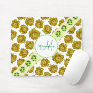 Yellow Cactus Flowers on White, Gemstones & Pearls Mouse Pad