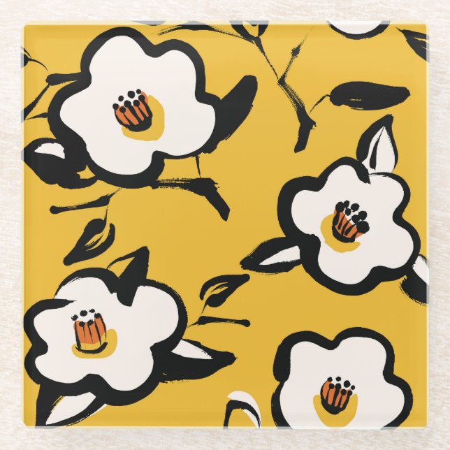 Yellow Camellia, sketchy floral vintage. Glass Coaster (Front)