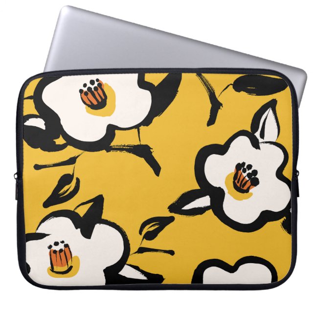 Yellow Camellia, sketchy floral vintage. Laptop Sleeve (Front)