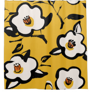 Yellow Camellia, sketchy floral vintage. Shower Curtain