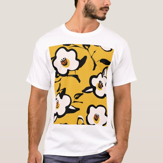 Yellow Camellia, sketchy floral vintage. T-Shirt (Front)