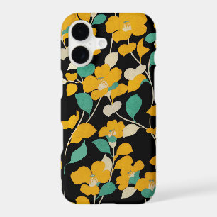 YELLOW CAMELLIAS,WHITE GREEN LEAVES BLACK Floral