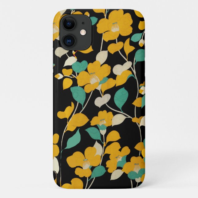 YELLOW CAMELLIAS,WHITE GREEN LEAVES BLACK Floral Case-Mate iPhone Case (Back)