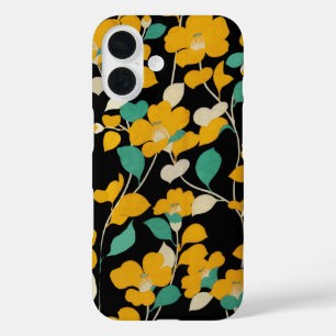YELLOW CAMELLIAS,WHITE GREEN LEAVES BLACK Floral iPhone 16 Case