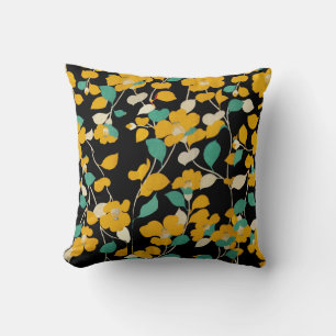 YELLOW CAMELLIAS,WHITE GREEN LEAVES BLACK Floral Cushion