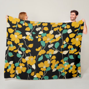 YELLOW CAMELLIAS,WHITE GREEN LEAVES BLACK Floral Fleece Blanket