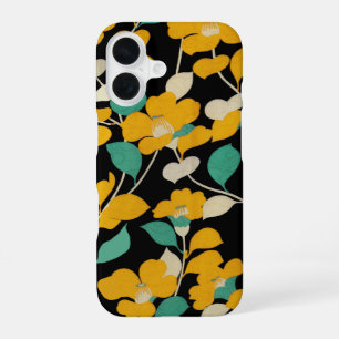 YELLOW CAMELLIAS,WHITE GREEN LEAVES BLACK Floral iPhone 16 Case