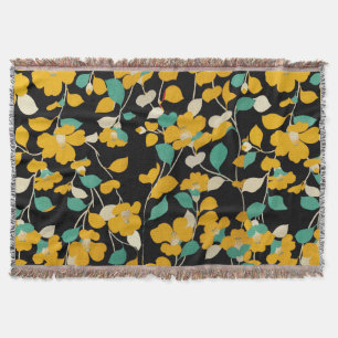 YELLOW CAMELLIAS,WHITE GREEN LEAVES BLACK Floral Throw Blanket