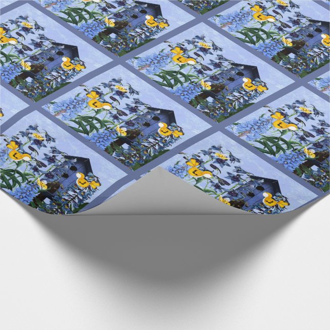 Yellow Canary and Larkspur Garden with Birdhouse Wrapping Paper (Corner)