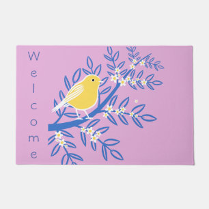 Yellow Canary Bird, blue branch, pink WELCOME Doormat