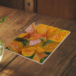 Yellow Canna Lily with Red Speckles Floral Ceramic Tile