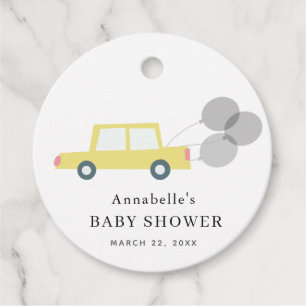 Yellow Car Balloons White Baby Shower Favour Tags