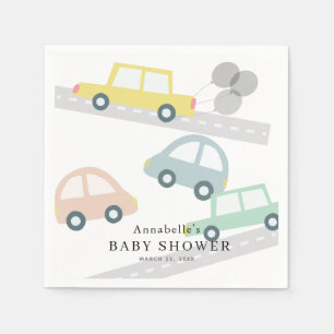 Yellow Car Balloons White Baby Shower Napkin