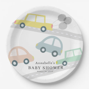 Yellow Car Balloons White Baby Shower Paper Plate