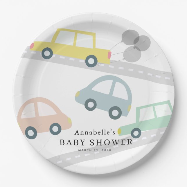 Yellow Car Balloons White Baby Shower Paper Plate (Front)